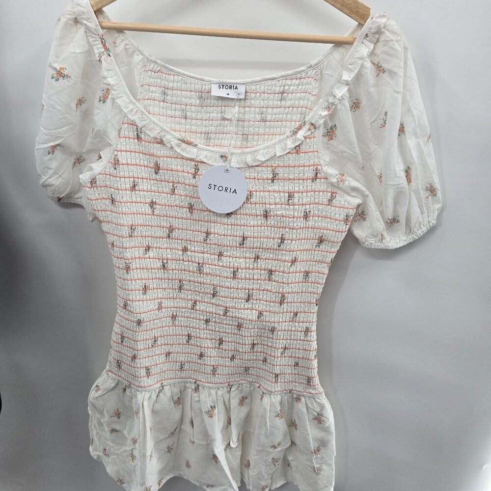 Storia White Orange Floral Striped Heavily Ruched Mini Dress Size Medium